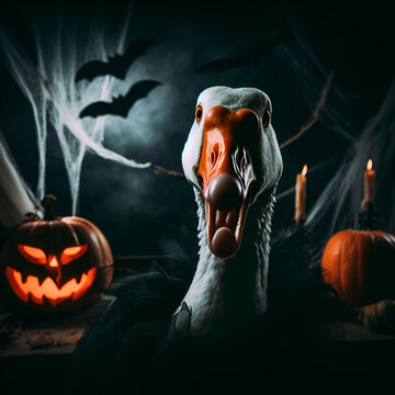 Dramatic Horror Studio Spooky Portrait of a Goose Duck Staring Threatening Ominous Coldly in Jack o Lantern Pumpkin Halloween Black Night Swamp Cemetery Moon Lit Background Hostile Maniacal Art Setup