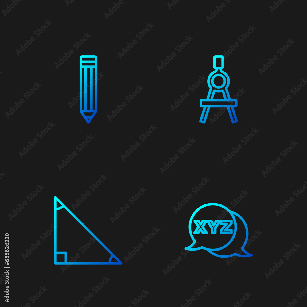 Poster set line xyz coordinate system, triangle math, pencil and drawing compass. gradient color icons. vec