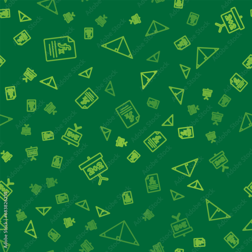 Poster set line function mathematical symbol, chalkboard and angle bisector of triangle on seamless pattern