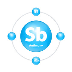 Antimony (Sb) Icon structure chemical element round shape circle light blue with surround ring. Period number shows of energy levels of electron. Study science for education. 3D Illustration vector.