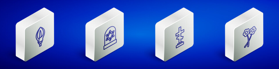 Set Isometric line Lily flower, Grave with star of david, cross and Flower icon. Vector