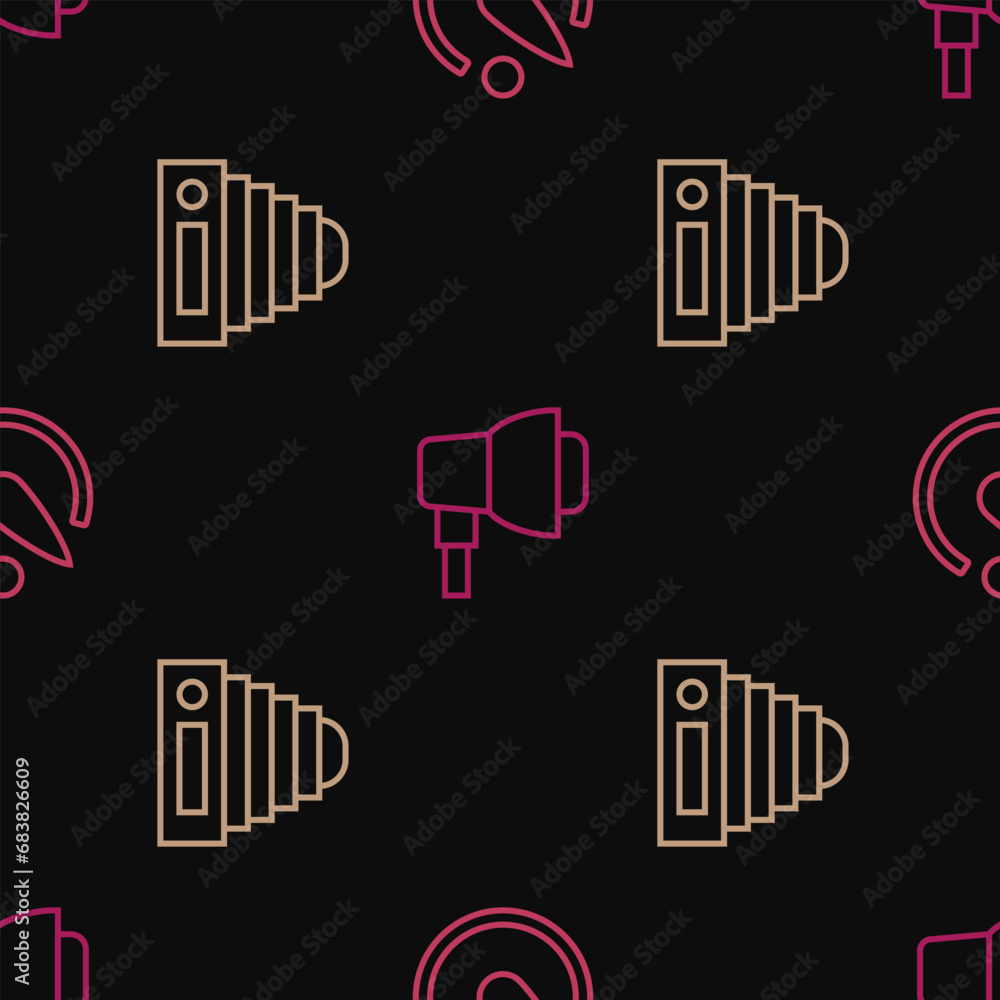 Poster set line camera timer, photo camera and softbox light on seamless pattern. vector