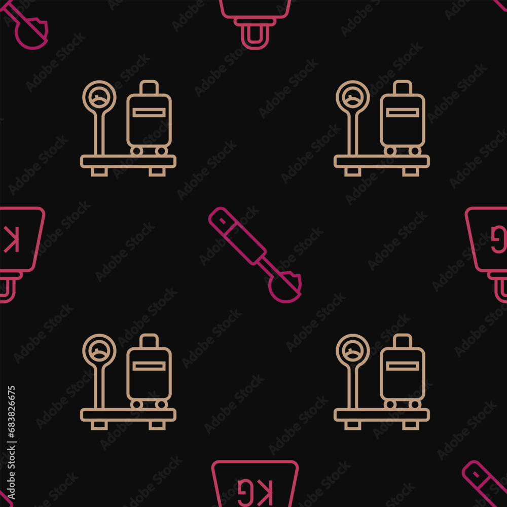 Poster set line weight, scale with suitcase and measuring spoon on seamless pattern. vector
