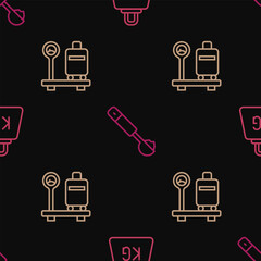 Set line Weight, Scale with suitcase and Measuring spoon on seamless pattern. Vector