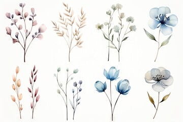 Abstract watercolor flowers, leaves, branches. Boho and multiple color palette with a white background. Vector, floral clipart.