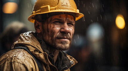 Resolute construction worker in rain.