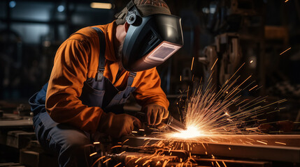Welder in orange with flying sparks.