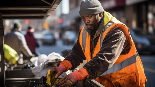 Focused sanitation worker on street.