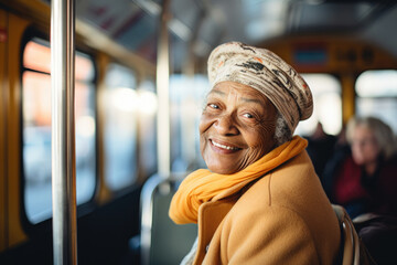 Portrait of smiling senior woman in public transport.