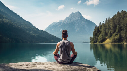 Rear view of a man doing yoga against the backdrop of a lake in the majestic mountains