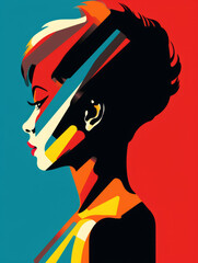 A vibrant, abstract silhouette of a woman's profile with a colourful hairstyle. Red background.