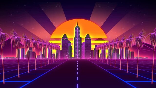 80s retro ccity with shining sun and buildings, with palm trees on the side of the road
