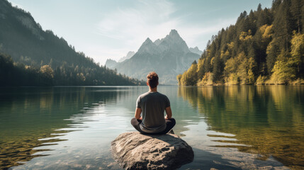 Rear view of a man doing yoga against the backdrop of a lake in the majestic mountains - obrazy, fototapety, plakaty