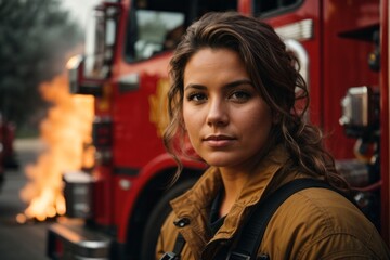 Fototapeta na wymiar Confident woman fireman wearing protective uniform standing next to a fire engine in a garage of a fire department looking at a camera