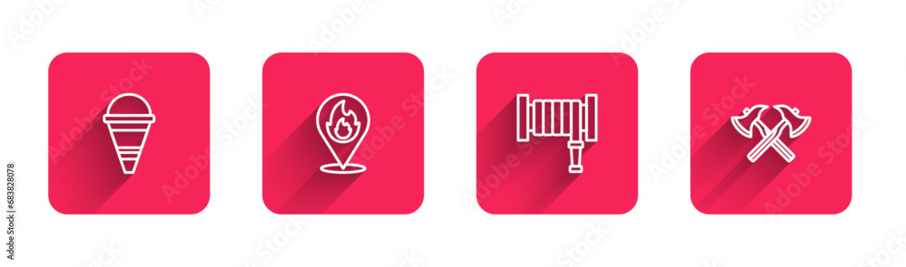 Poster set line fire cone bucket, location with fire flame, hose reel and firefighter axe with long shadow.