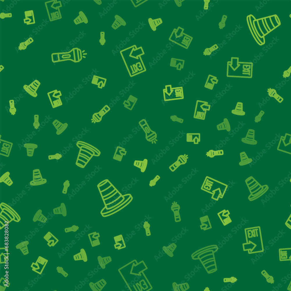 Poster set line flashlight, traffic cone and fire exit on seamless pattern. vector