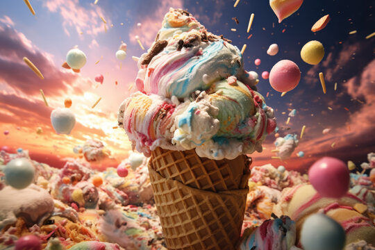 Ice cream cone, rainbow color explosion