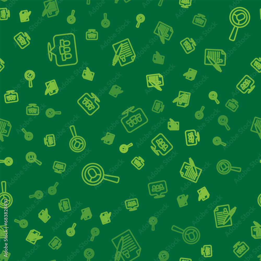 Poster set line project team base, magnifying glass for search job and resume on seamless pattern. vector