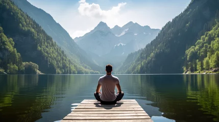 Fotobehang Rear view of a man doing yoga against the backdrop of a lake in the majestic mountains © boxstock production