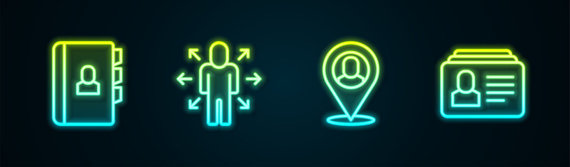 Set line Resume, Multitasking manager working, Worker location and . Glowing neon icon. Vector