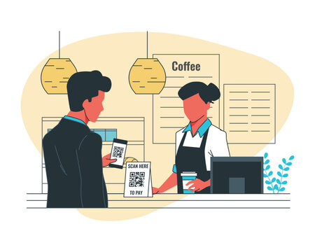 Man customer and woman cashier at the counter of cafe pay with contactless payment