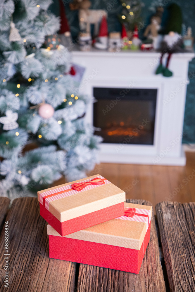 Canvas Prints gift boxes in front of Christmas tree