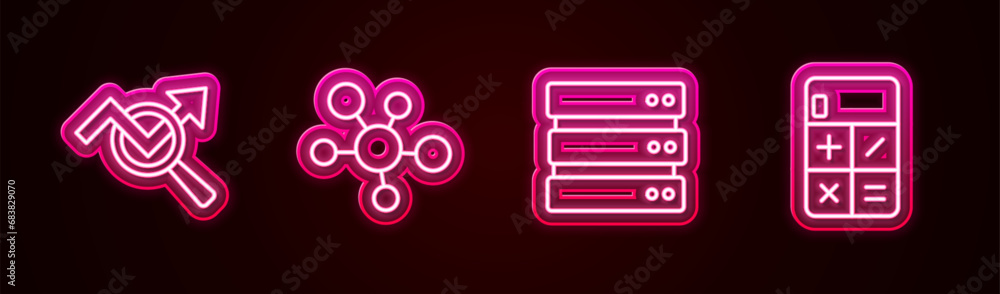 Poster set line search data analysis, mind map infographic, server and calculator. glowing neon icon. vecto