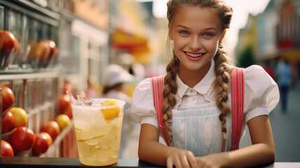 Cute little girl selling homemade lemonade on the street. Kids first summer job, a refreshing lemon drink. - obrazy, fototapety, plakaty