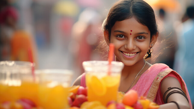 Cute little indian girl selling homemade lemonade on the street. Kids first summer job, a refreshing lemon drink.