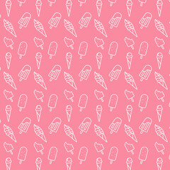 Cute ice cream seamless pattern in cone and on stick in outline style on pink background for backgrounds, patterns, wrapping, packging, wallpapers