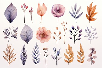 Obraz premium Abstract watercolor flowers, leaves, branches. Boho and multiple color palette with a white background. Vector, floral clipart.