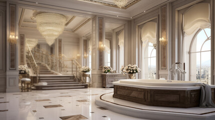Luxurious bathroom with marble finishes and Jacuzzi tub. 3d render style interior design of expensive premium bathroom with euro renovation.