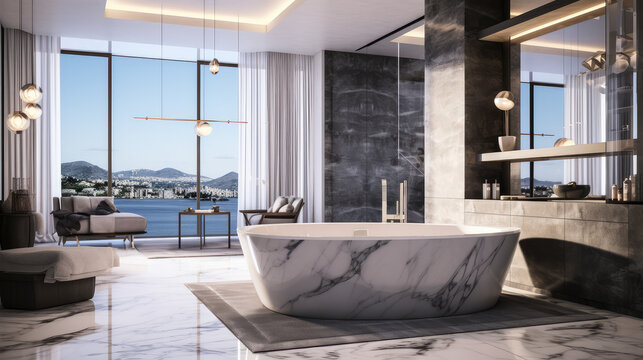 Luxurious white bathroom with marble finishes and Jacuzzi tub. 3d render style interior design of expensive premium bathroom with euro renovation.