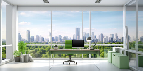 Modern office interior with panoramic windows and city views. 3d render style of interior design of business room interior for work or negotiations, white green.