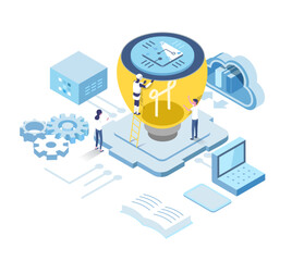 ector isometric illustraion of business lightbulb idea concept with people and Artificial intelligence