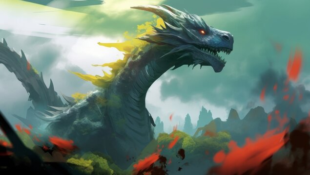 Digital illustration painting design style a dragon is in nature, against cloudy, Generative AI
