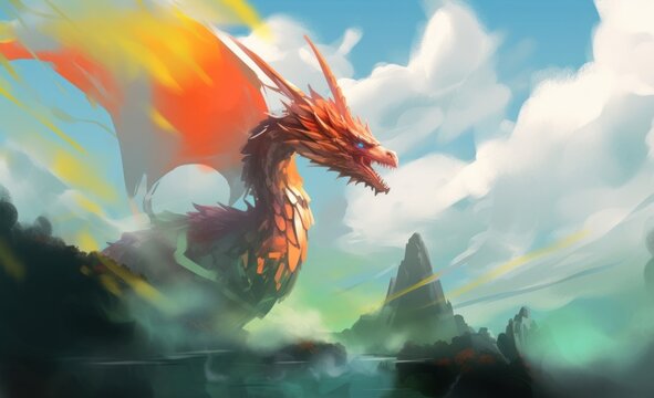 Digital illustration painting design style a dragon is in nature, against cloudy, Generative AI