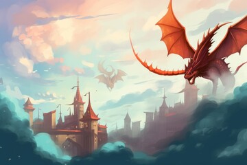 Digital illustration painting design style a few dragons flying above magic town, against clouds, Generative AI