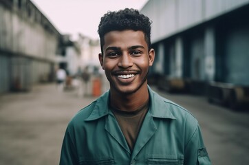 Foreign worker smiling portrait. Industrial foreigner employee on working terminal. Generate ai
