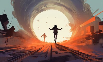 Digital illustration painting design style a man walking to levitating woman and using psychokinesis, against abandoned sanctuary, Generative AI