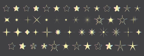 Pastel Stars Collection. Different Star Shapes in Pastel Gradient Yellow Blue Pink Colors. Star icons set vector illustration. Modern Flat Stars