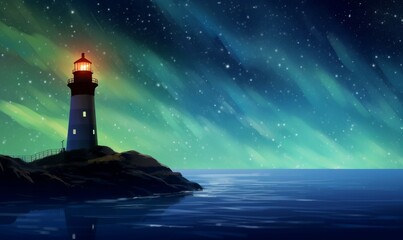 a Lighthouse in starry night and north light, digital art illustration painting, Generative AI - obrazy, fototapety, plakaty