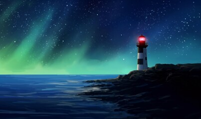a Lighthouse in starry night and north light, digital art illustration painting, Generative AI - obrazy, fototapety, plakaty