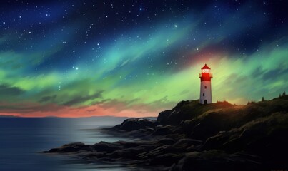 a Lighthouse in starry night and north light, digital art illustration painting, Generative AI
