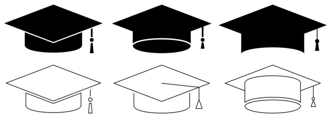Graduation cap icon set. Vector illustration isolated on white background - obrazy, fototapety, plakaty