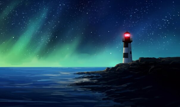 a Lighthouse in starry night and north light, digital art illustration painting, Generative AI
