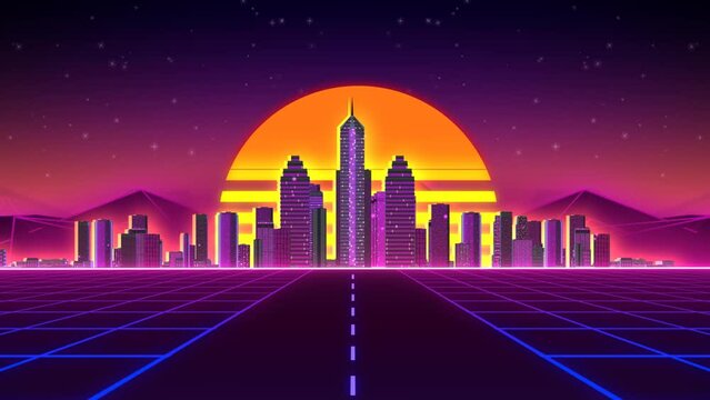80s retro animation of necon city buildings with sun on the background VJ loop