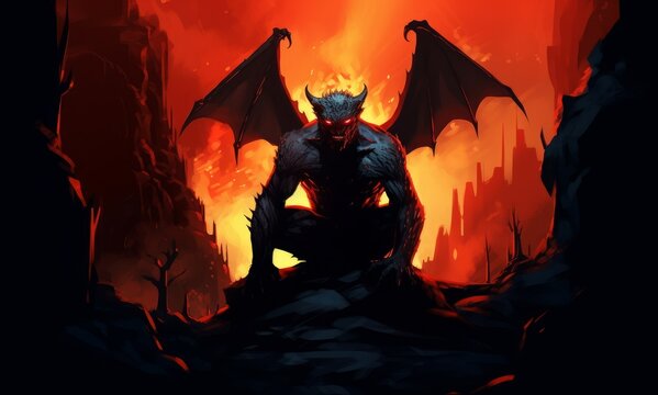 Digital illustration painting design style a devil sitting on big rock, against dark cave, Generative AI