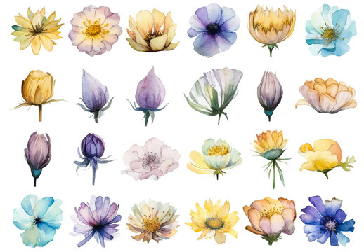 Vector watercolor painted flower. Hand drawn flower design elements isolated on white background.