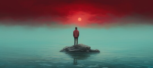 Man alone with the sea, lonely, depression, sad, surreal painting illustration, artwork, Generative AI - obrazy, fototapety, plakaty